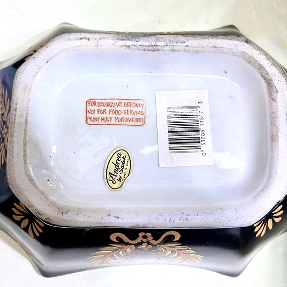 Vintage Andrea By Sadek Black Rectangular Bowl Raised Gold Design Scalloped Rim - Picture 7 of 7